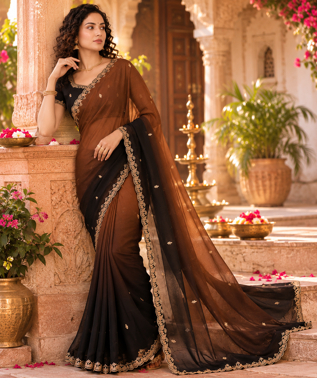 Georgette Border Work Saree With Unstitched Blouse(Coffee)