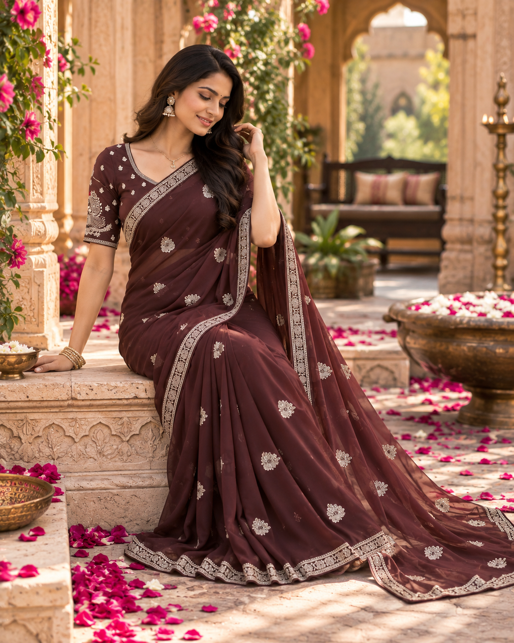 Rangoli Silk Embroidery Work Saree With Unstitched Blouse(Brown)