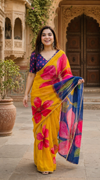 Georgette Digital Printed Saree With Unstitched Blouse(Yellow)