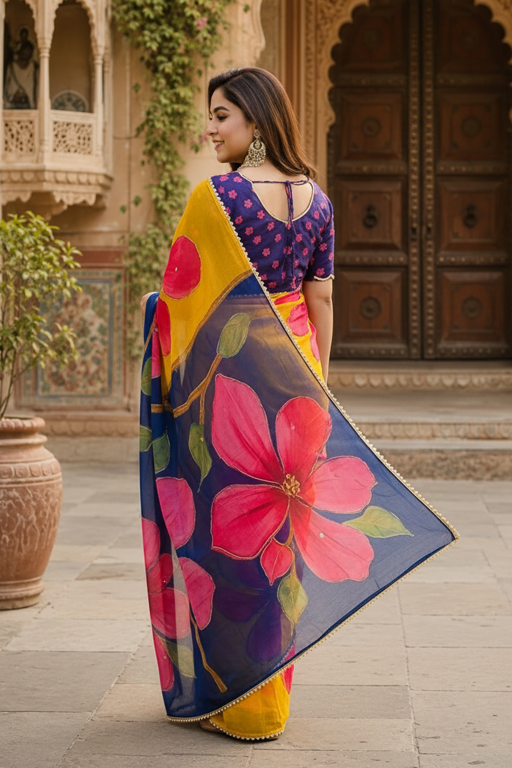 Georgette Digital Printed Saree With Unstitched Blouse(Yellow)