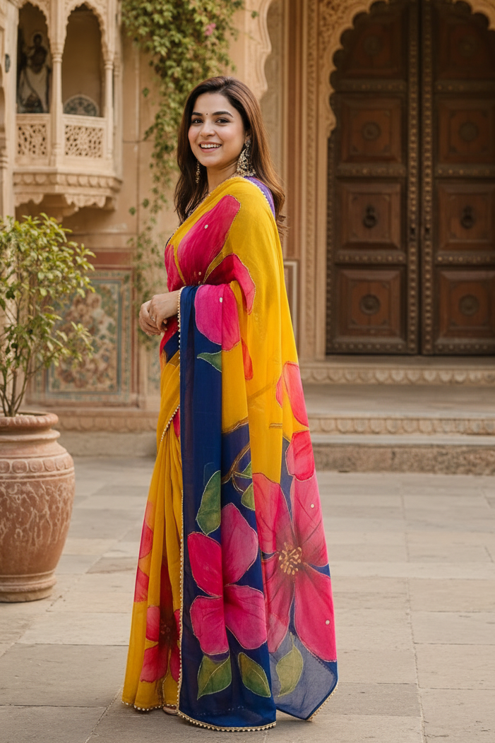 Georgette Digital Printed Saree With Unstitched Blouse(Yellow)