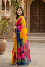 Georgette Digital Printed Saree With Unstitched Blouse(Yellow)