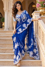 Organza Silk Thread Embroidery Work Saree With Unstitched Blouse (Blue)