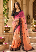 Crush Silk Embroidery Sequin Work Saree With Unstitched Blouse(Orange)