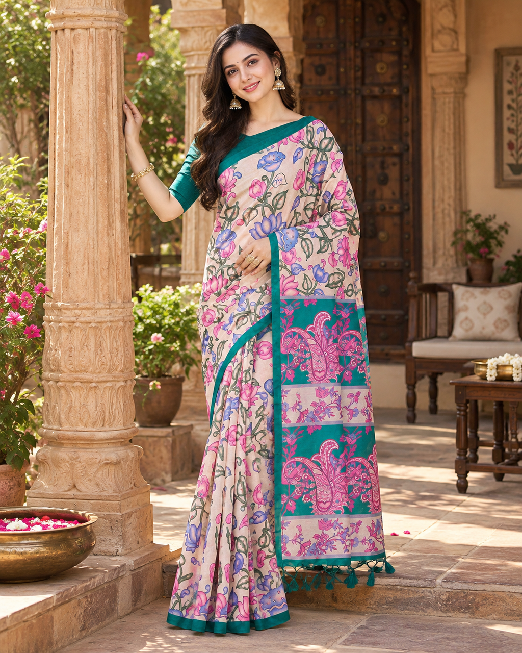 Tussar Silk Kalamkari Printed Saree With Unstitched Blouse(Light Pink)