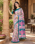 Tussar Silk Kalamkari Printed Saree With Unstitched Blouse(Light Pink)