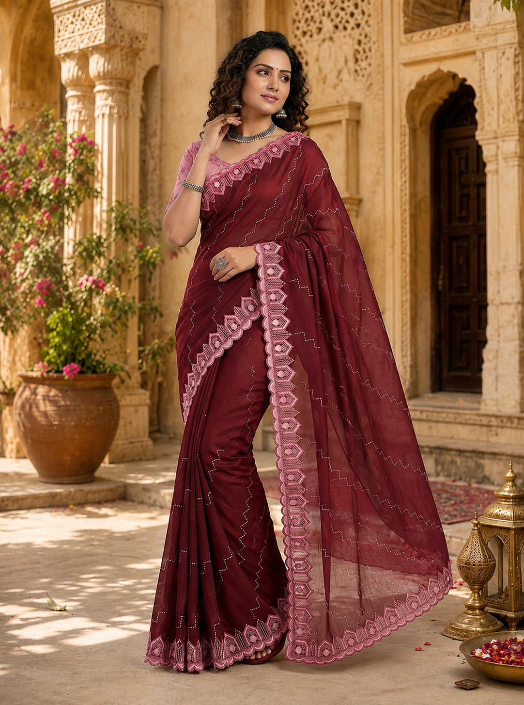Organza Silk Saree With Unstitched Blouse(Maroon)