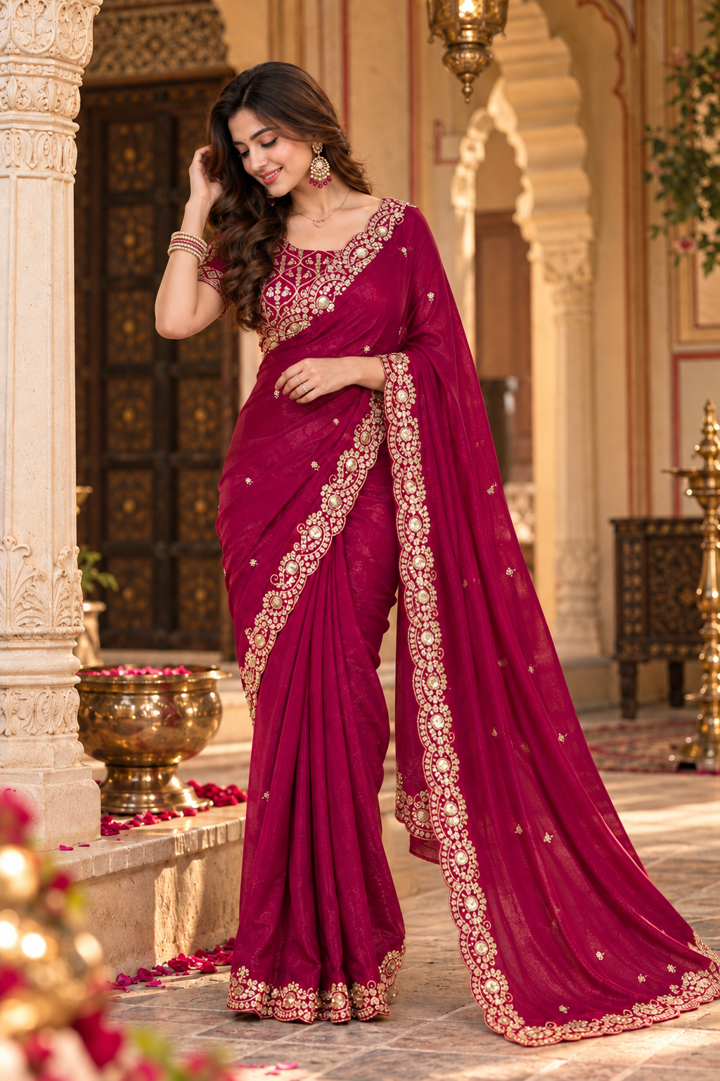Satin Silk Embroidery Work Saree with Unstitched Blouse(Rani)