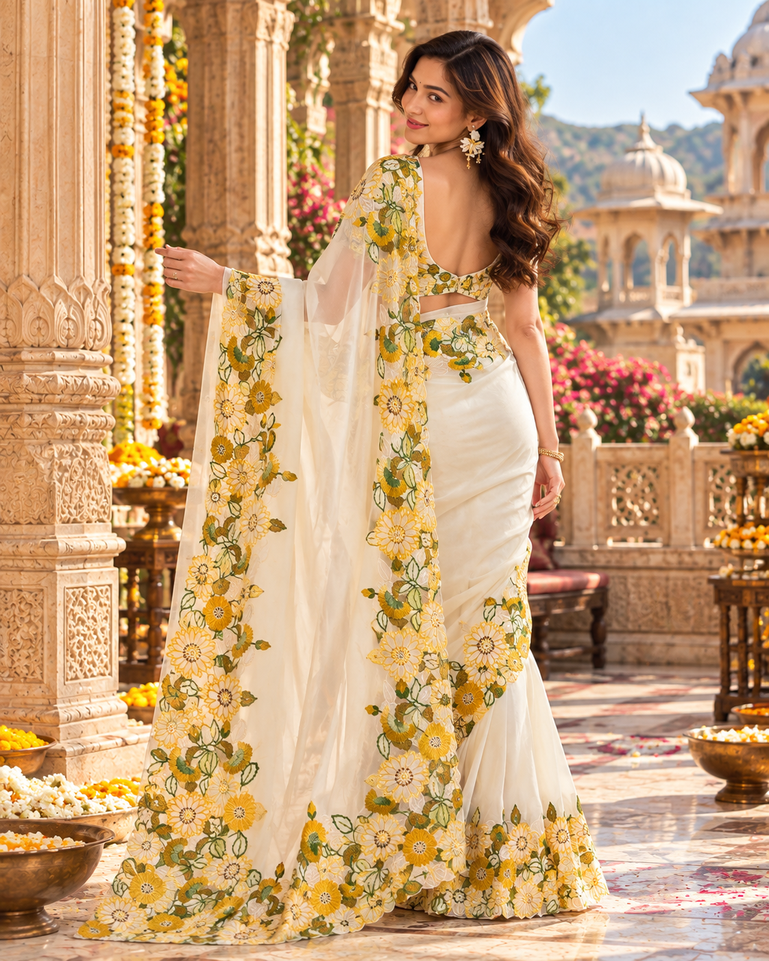Organza Flower Design Multi Embroidery Work Sare Wth Unstitched Blouse(White)