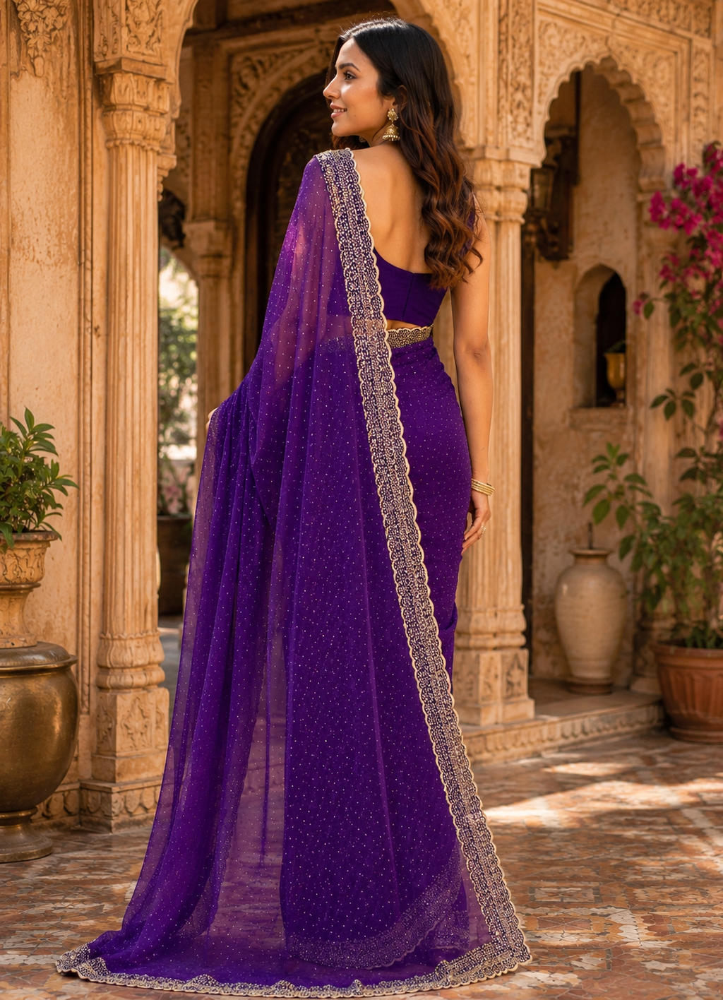 Soft Space Silk Diamond Lace Border Saree With Unstitched Blouse(Purple)
