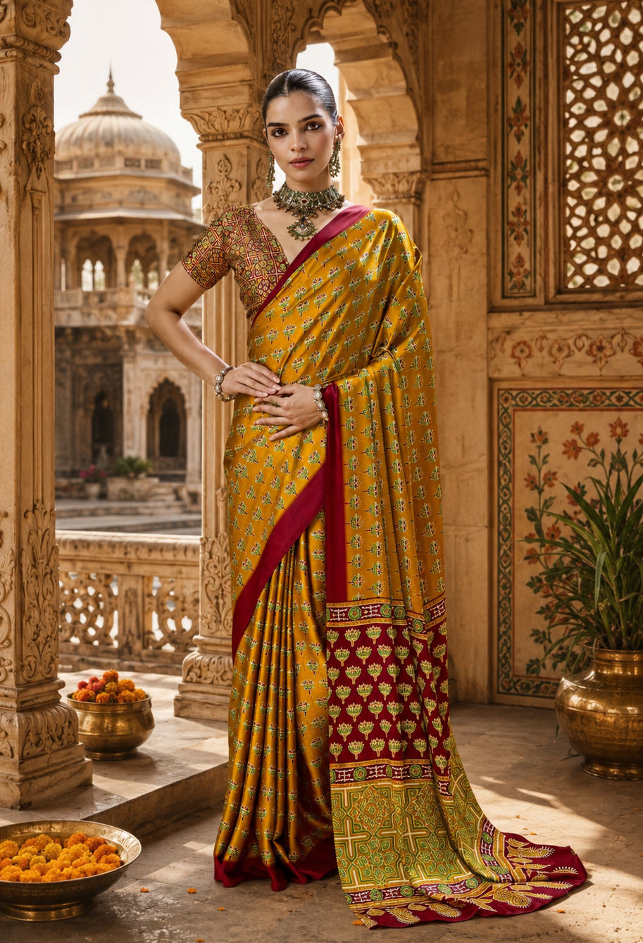 Satin Ajrakh Printed Saree With Unstitched Blouse(Yellow)