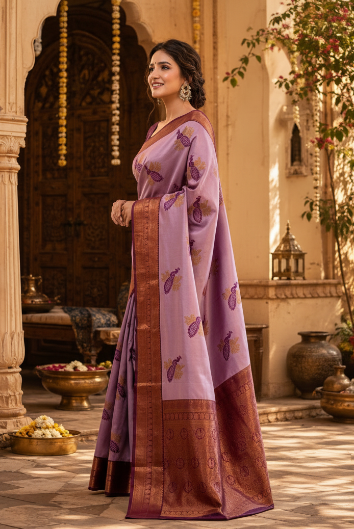 Pure Banarasi Silk Saree With Unstitched Blouse(Lavender)