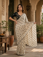 Georgette Embroidery Work Saree with Unstitched Blouse(Beige)