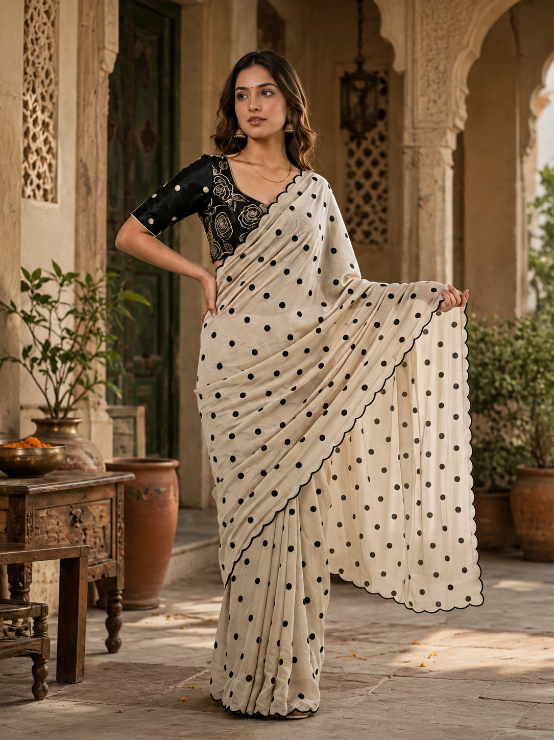 Georgette Embroidery Work Saree with Unstitched Blouse(Beige)