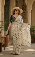 Georgette Embroidery Work Saree with Unstitched Blouse(Beige)