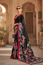 Satin Silk Kalamkari Print Saree With Unstitched Blouse(Red)