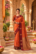 Pure Silk Zari Border Ikat Saree With Unstitched Blouse(Carrot Orange)