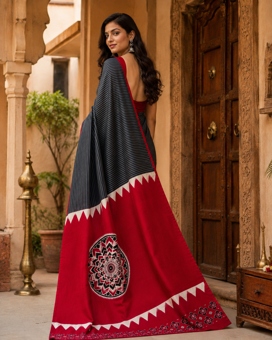 Gaji Silk Ajrakh Printed Saree With Unstitched Blouse(Red)