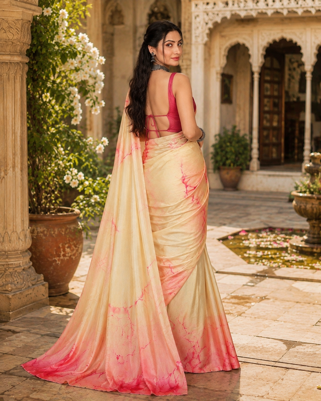 Satin Silk Printed Saree With Unstitched Blouse(Beige)