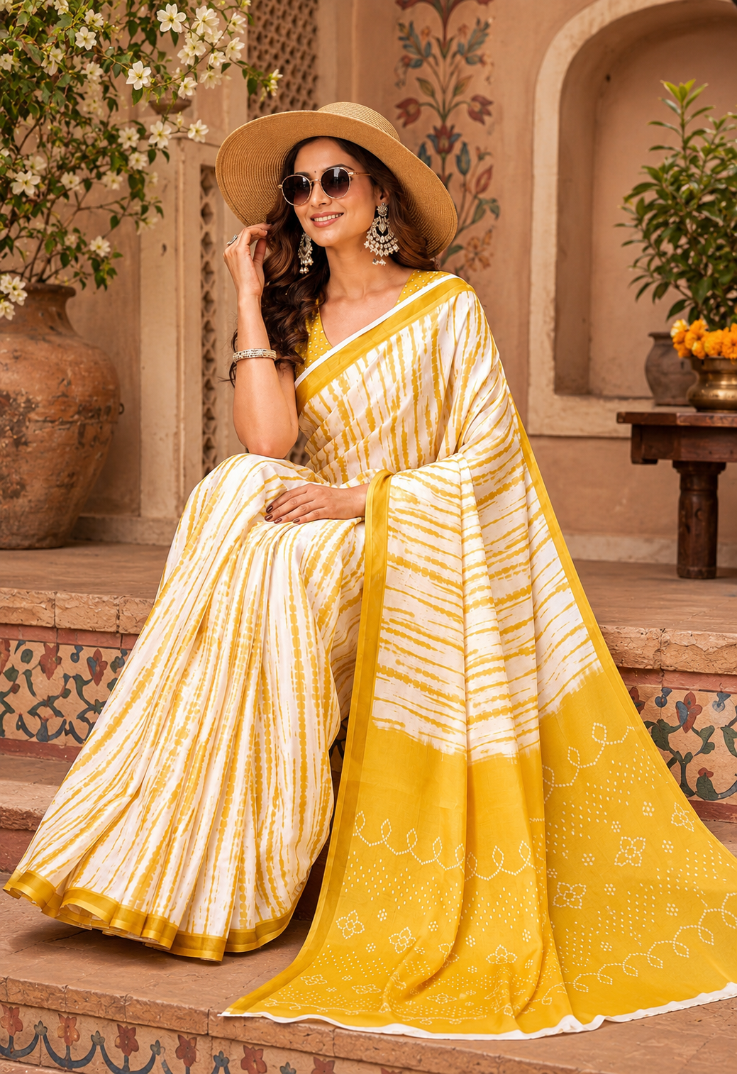 Linen Printed Saree With Unstitched Blouse(Yellow)