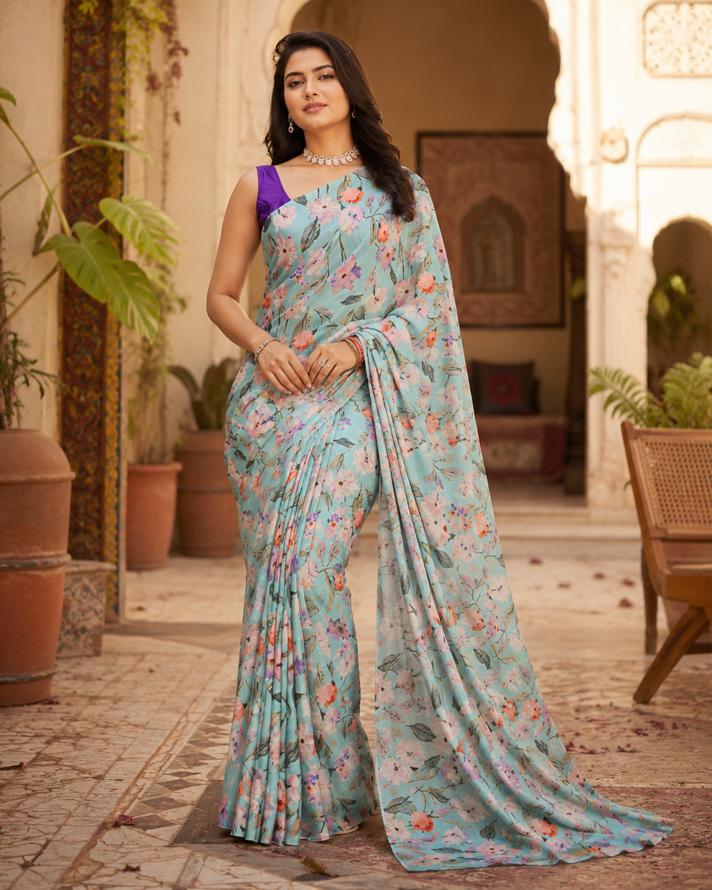Premium Crepe Silk Floral Print Saree With Unstitched Blouse(Sky)
