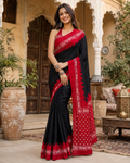Satin Silk Printed Saree With Unstitched Blouse(Black)