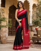 Satin Silk Printed Saree With Unstitched Blouse(Black)