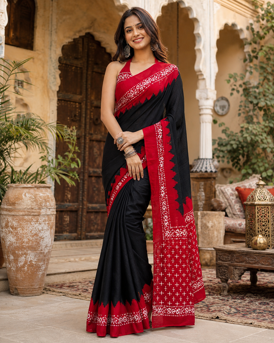 Satin Silk Printed Saree With Unstitched Blouse(Black)