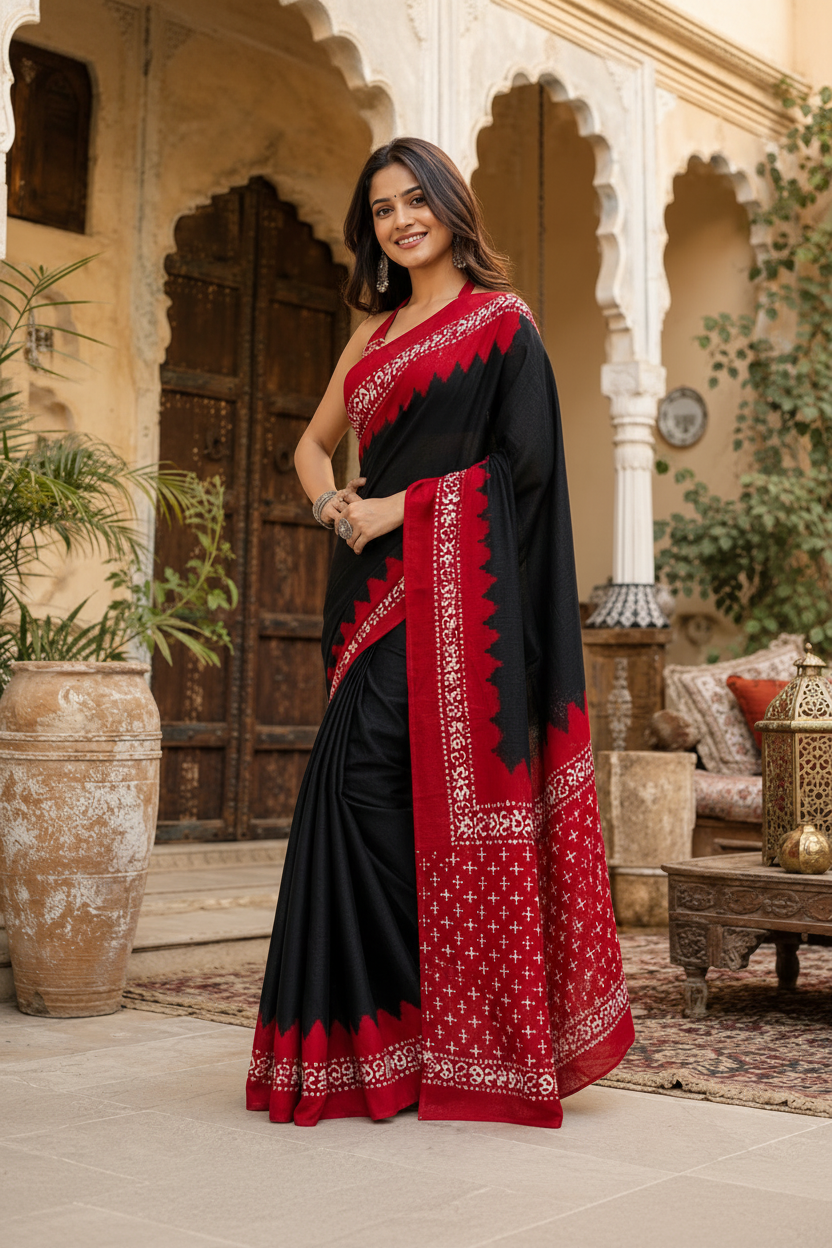 Satin Silk Printed Saree With Unstitched Blouse(Black)