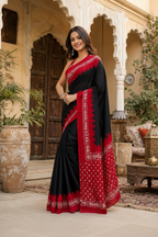 Satin Silk Printed Saree With Unstitched Blouse(Black)