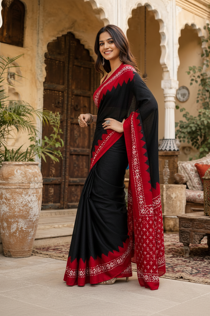 Satin Silk Printed Saree With Unstitched Blouse(Black)