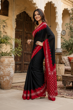 Satin Silk Printed Saree With Unstitched Blouse(Black)