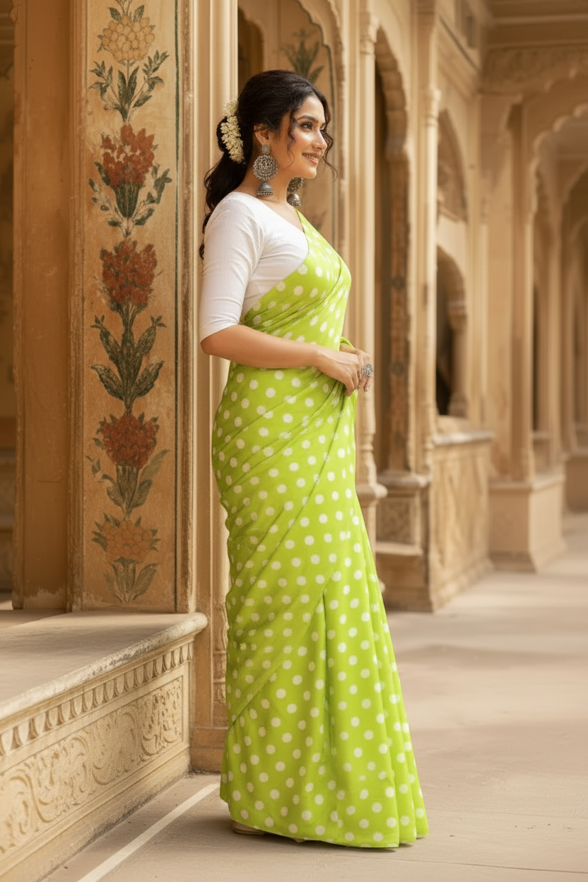 Satin Silk Printed Saree With Unstitched Blouse(Green)