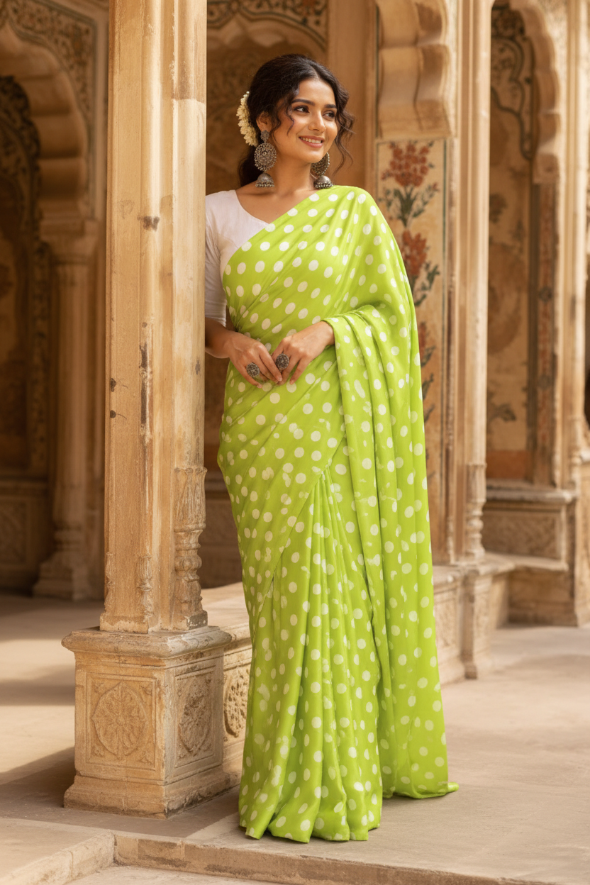 Satin Silk Printed Saree With Unstitched Blouse(Green)