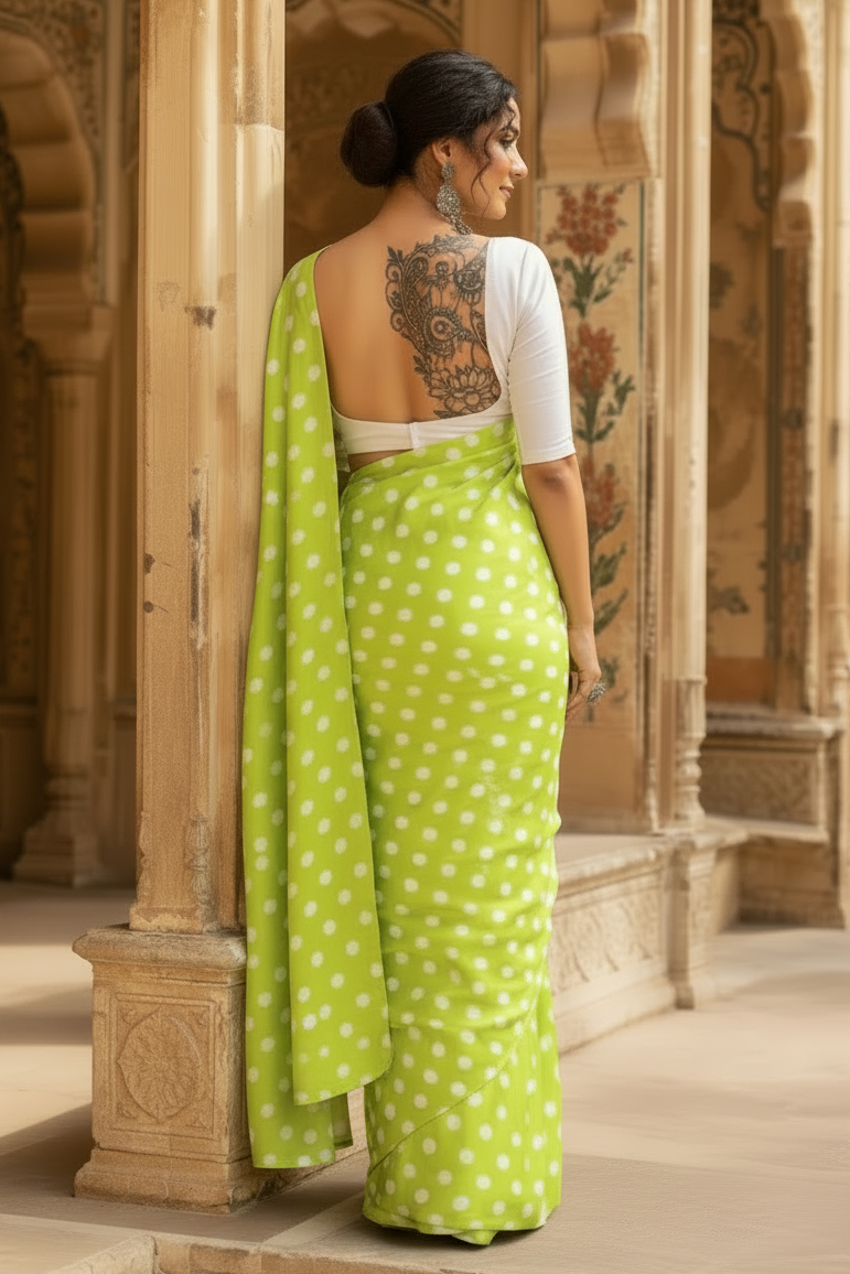 Satin Silk Printed Saree With Unstitched Blouse(Green)