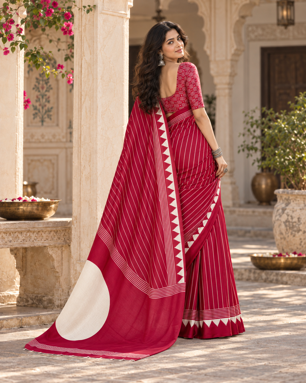 Satin Silk Ajrakh Printed Saree With Unstitched Blouse(Red)