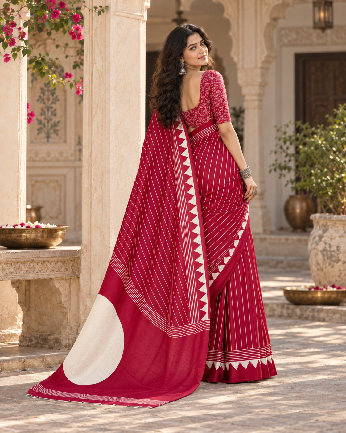 Satin Silk Ajrakh Printed Saree With Unstitched Blouse(Red)