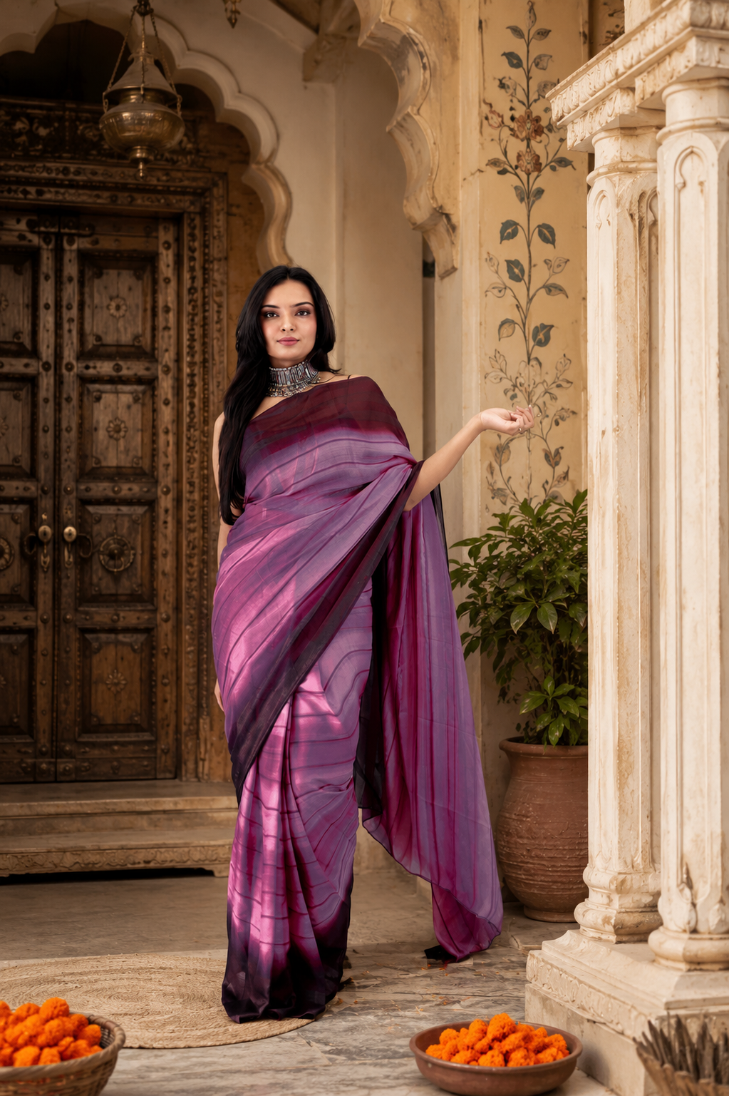 Georgette Ready To Wear Saree With Unstitched Blouse(Pink)
