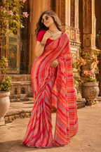 Premium Georgette Bandhani Work Saree With Unstitched Blouse(Red)