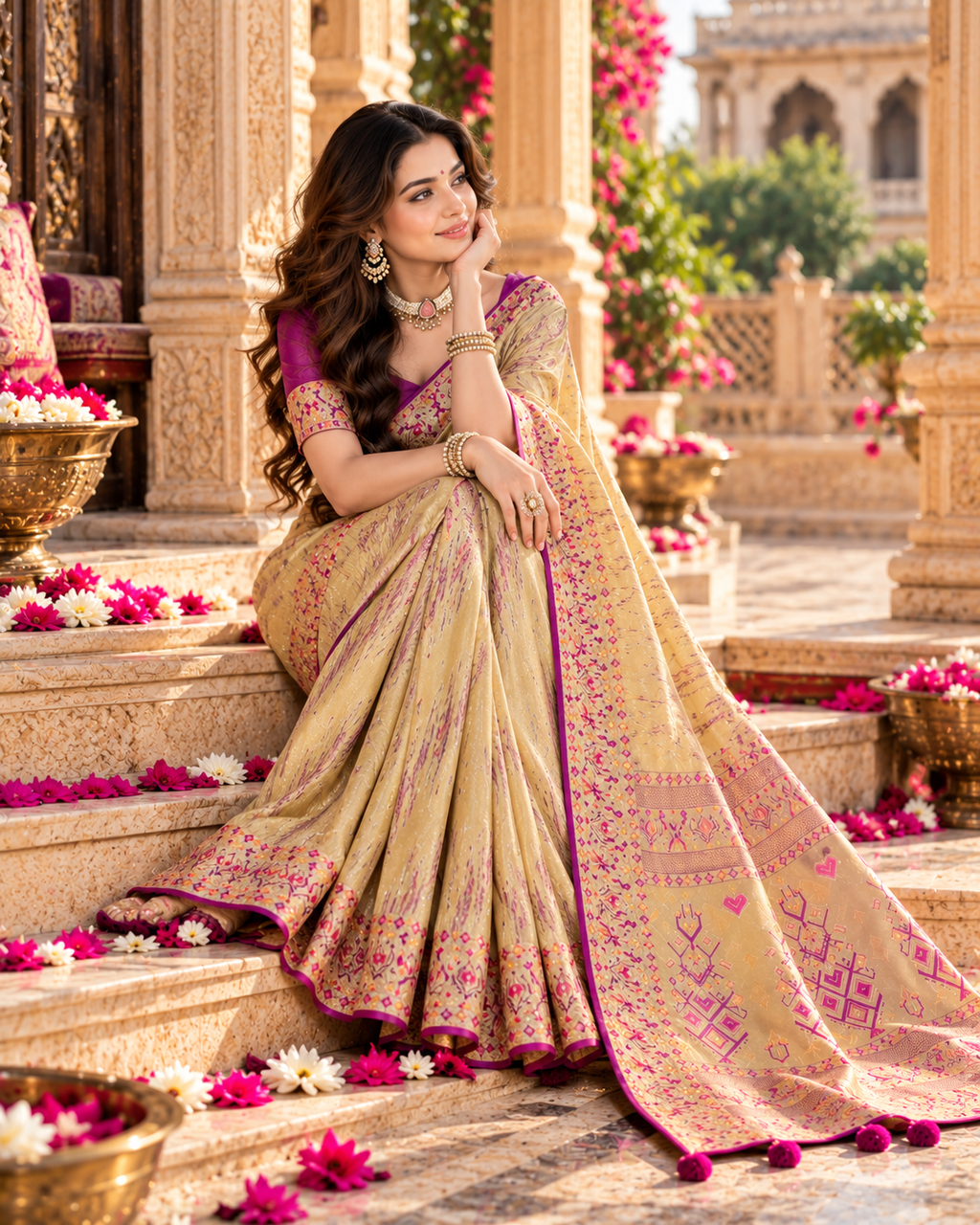 Premium Tissue Silk Zari Border Work Saree With Unstitched Blouse(Peach)