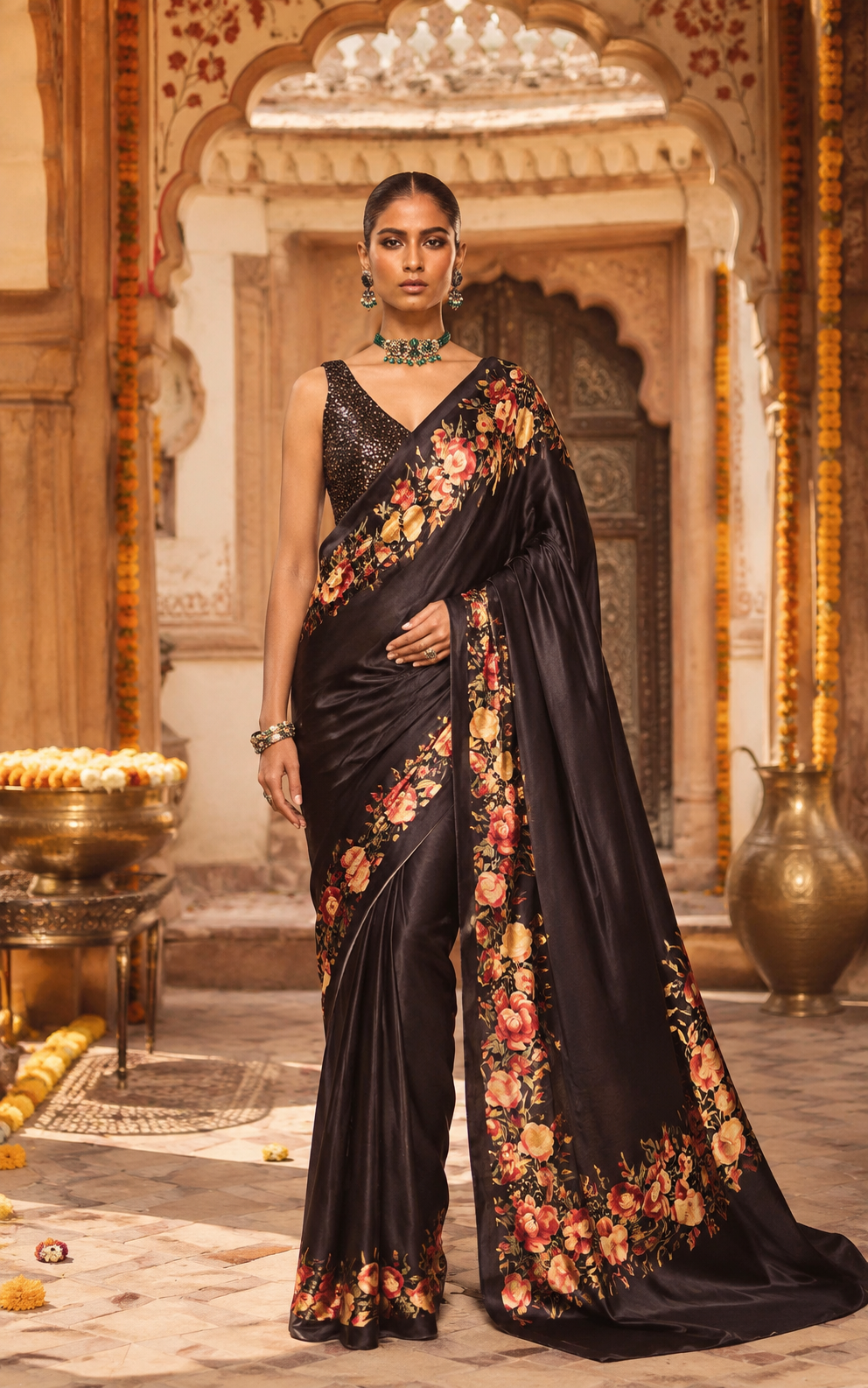 Satin Silk floral Printed saree With Unstitched Blouse( Black)