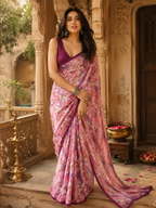 Satin Silk Designer Saree With Unstitched Blouse(Pink)