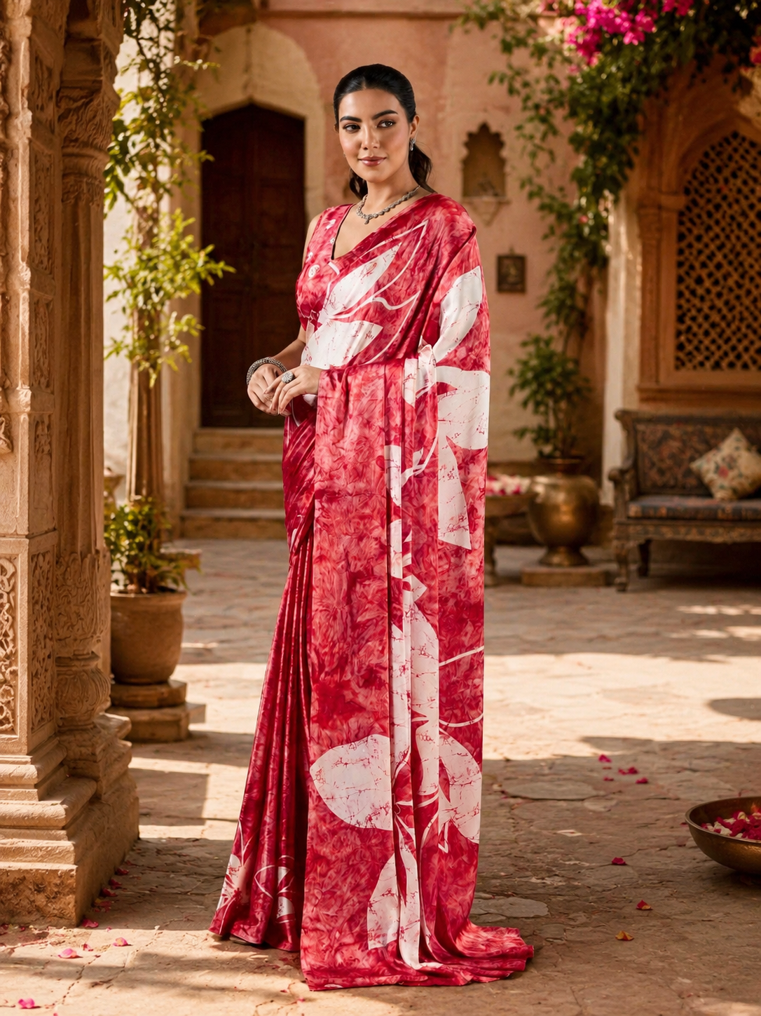 Satin Silk Ajrakh Printed Saree With Unstitched Blouse(Red)