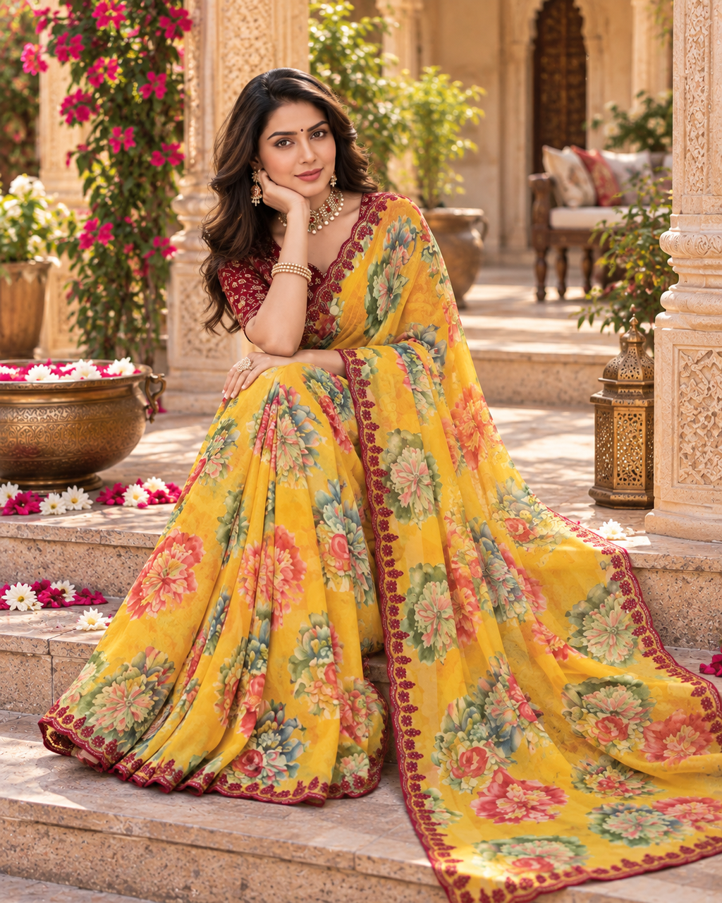 Pure Georgette Embroidery Work Saree With Unstitched Blouse(Mustard)
