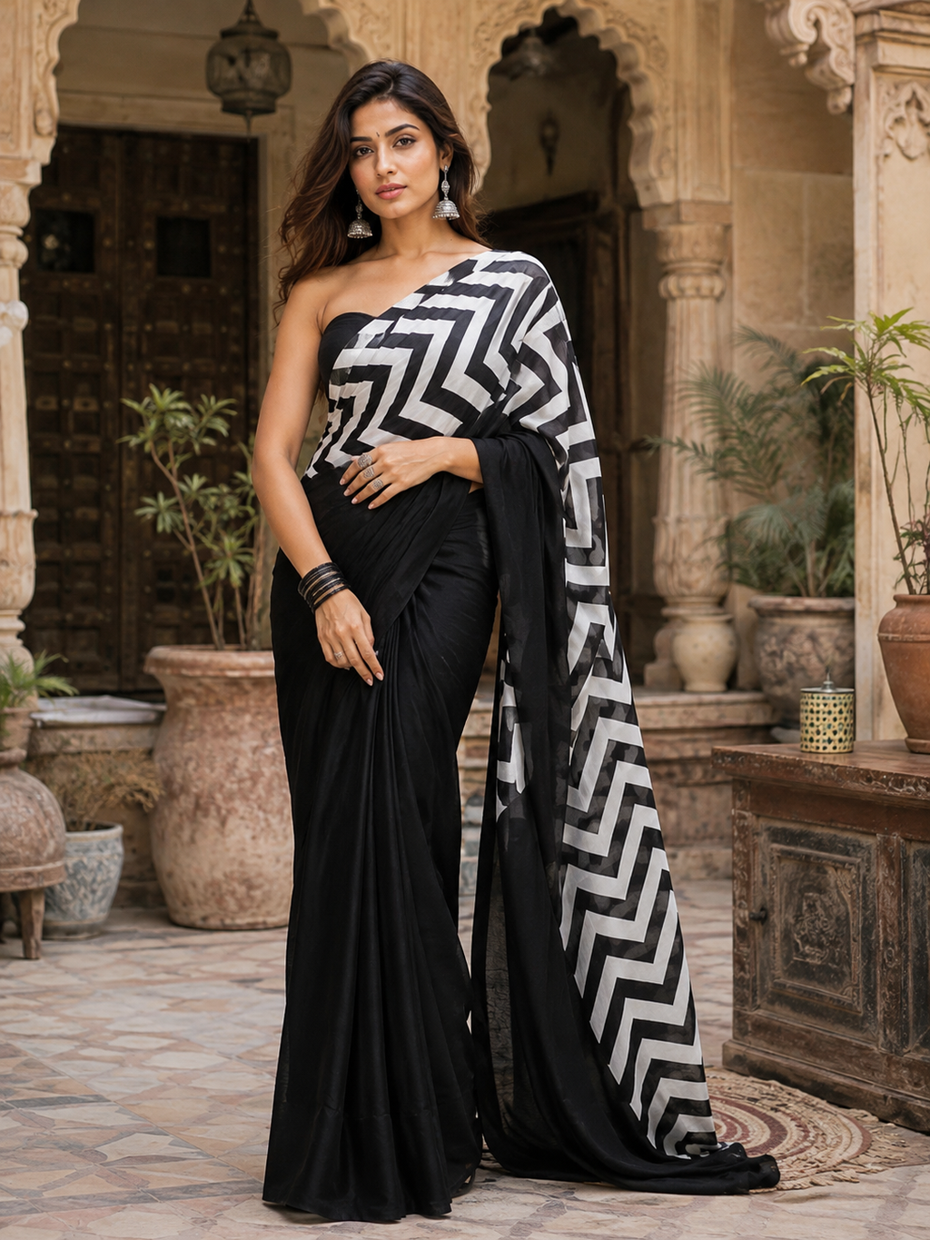 Premium Satin Silk Saree with Unstitched Blouse(Black)