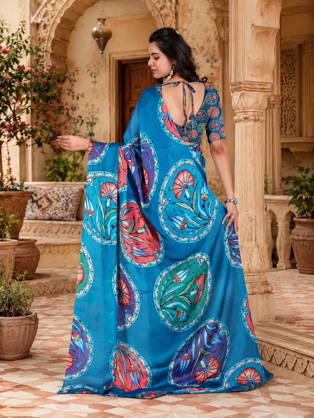 Satin Silk Printed Saree With Unstitched Blouse(Blue)