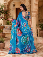 Load image into Gallery viewer, Satin Silk Printed Saree With Unstitched Blouse(Blue)
