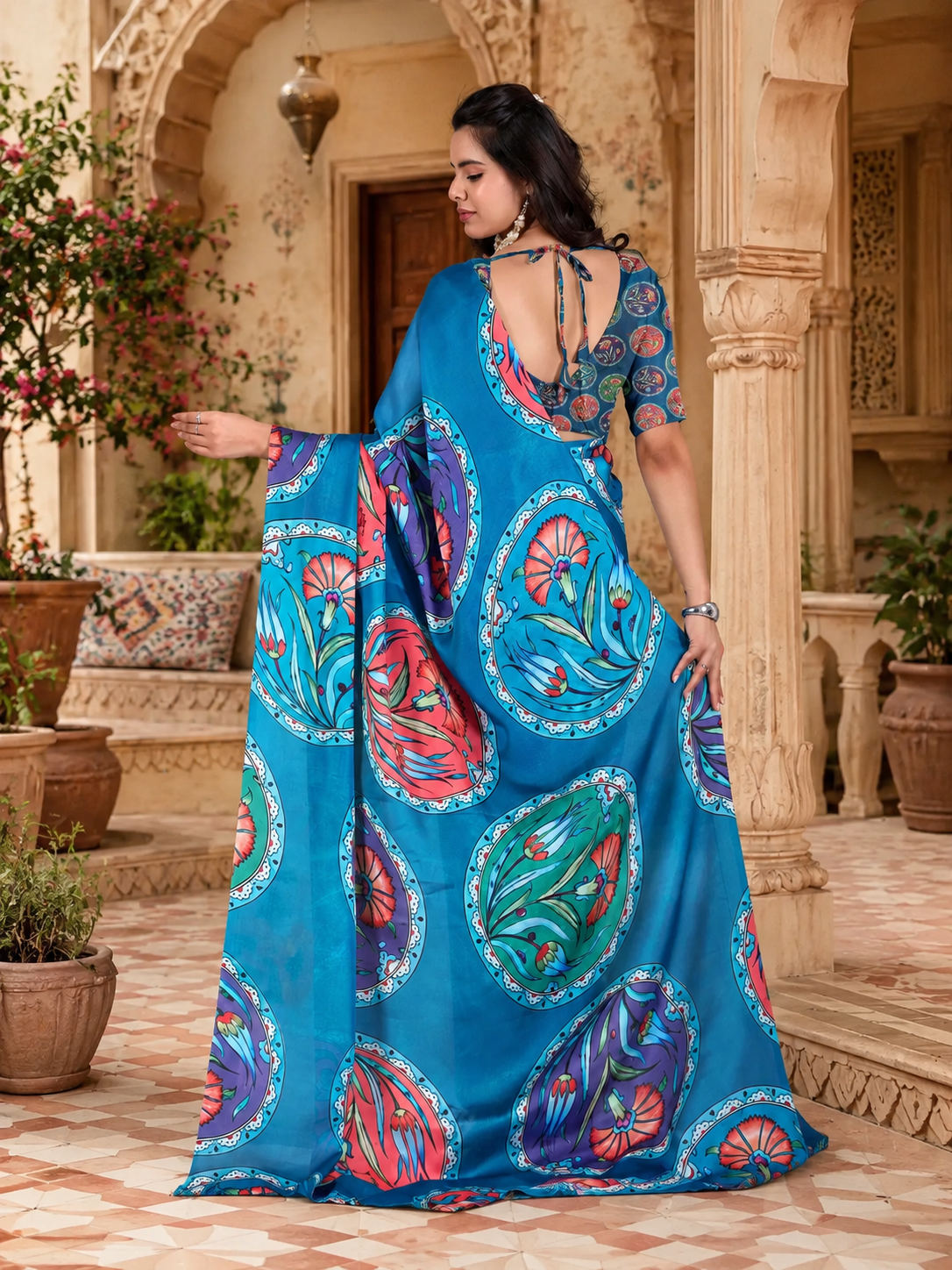 Satin Silk Printed Saree With Unstitched Blouse(Blue)