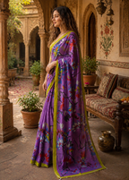 Mulmul Cotton Floral Printed Saree With Unstitched Blouse(Purple)