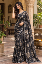 Georgette Floral Print Saree With Unstitched Blouse(Black)